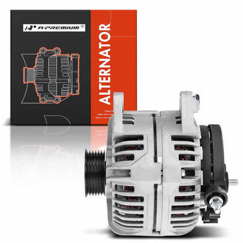 Front view of Alternator 12V 132Amp Replacement For Ram 1500 Durango And Jeep Grand Cherokee 1999 Through 2006 with box