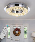 Lit Crystal Ceiling Light Chandelier 16 Inch Flush Mount Dimmable 3 Color Change Modes 16W 32W Max Timmer Modern K9 Crystal Stainless Steel Fixture For Bathroom Bedroom Living Room installed in entryway with remote control