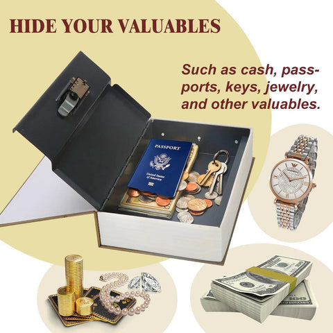 Hidden Book Safe With Combination Lock Vintage Faux Book Safe for decoration and secret storage, shown with valuables inside.
