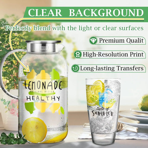 Clear Waterslide Decal Paper For Laser Printers 8.5x11 showcasing designs on a glass pitcher and a tumbler