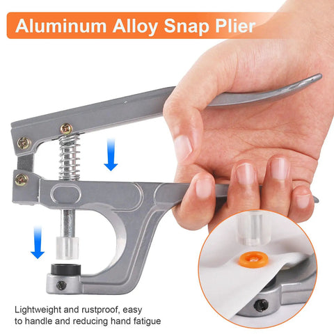 Snap Button Kit With Pliers And Tools 240 T5 Plastic Snaps showing aluminum snap plier used on fabric