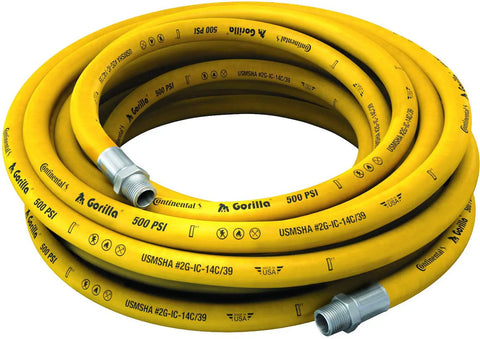 Coiled Gorilla Yellow Nitrile Multipurpose Hose 1/4 Inch ID X 50 Foot Reel 500 PSI Max Working Pressure with NPT Male Couplings