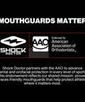 Shock Doctor and AAO endorsement for braces mouth guard, highlighting dental protection for sports like football and hockey.