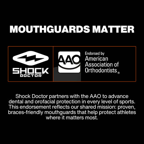 Shock Doctor and AAO endorsement for braces mouth guard, highlighting dental protection for sports like football and hockey.