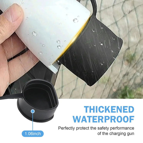 Tesla EV Charger Port Cover Waterproof Soft Silicone Dust Cap With Step Design shown on charging connector in rain