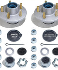 Two Pack Galvanized Trailer Idler Hub Kits 5 On 4.5 In 5 Lug 5x4.5 Pre Installed And Lubricated For 3500 Lbs Axles displayed with parts