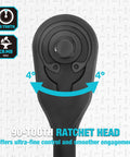 Close-up of 90-tooth ratchet head, 4 degree swing, Extra Long 15 Inch 1/2 Inch Drive Ratchet with CR-MO head and dust proof design