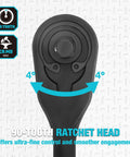 Work Horse 3/8 Inch Drive Ratchet Wrench With Extra Long Handle And 90 Tooth Gearing showing 90-tooth ratchet head for precise control.