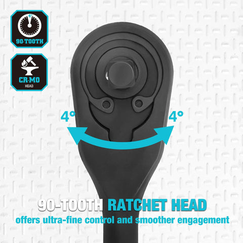 Three Piece Extra Long Drive Ratchet Set With 90 Tooth Mechanic Wrenches Includes 1/4 Inch 3/8 Inch And 1/2 Inch Drives Built From CRV Steel With Manganese Phosphate Black Finish For Heavy Duty Pro Grade Durability. 90-tooth ratchet head close-up