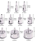 11 Piece Diamond Tile Hole Saw Set With Guide Jig For Ceramic Glass Tile Porcelain Marble Great For DIYers And Pros Includes 8mm 10mm 14mm 16mm 18mm 22mm 26mm 38mm 45mm 50mm Drill Bits displayed.