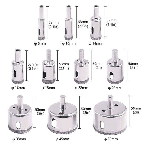 11 Piece Diamond Tile Hole Saw Set With Guide Jig For Ceramic Glass Tile Porcelain Marble Great For DIYers And Pros Includes 8mm 10mm 14mm 16mm 18mm 22mm 26mm 38mm 45mm 50mm Drill Bits displayed.