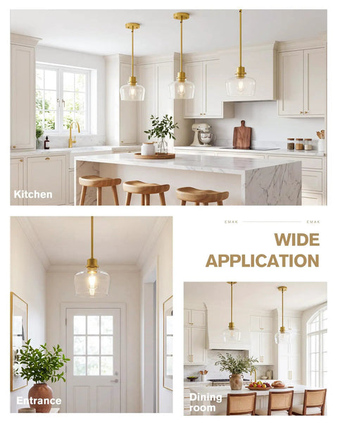 Emak 8 Inch Pendant Lights Kitchen Island, 1-Light Brushed Gold Kitchen Pendant Lights with Clear Glass Shade lighting a modern kitchen and dining area.