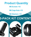 Rock Solid M6 Cage Nuts and Rack Screws Kit Made from Heavy Duty Carbon Steel for Server Racks and Computer Cases showing M6 screws, cage nuts, and washers.