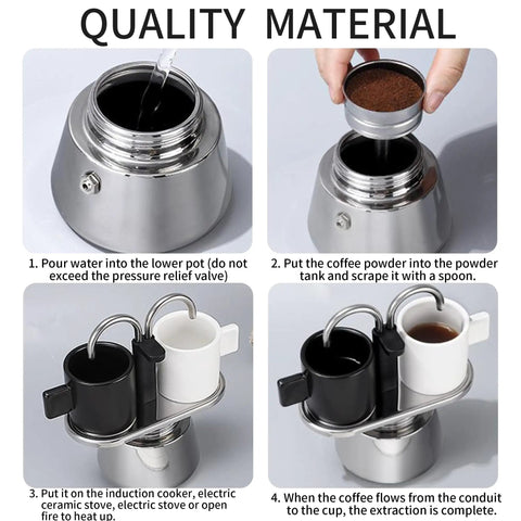 Step-by-step instructions for Heavy Duty Stainless Steel Moka Pot For Two With Dual Spout Stovetop Espresso Maker.
