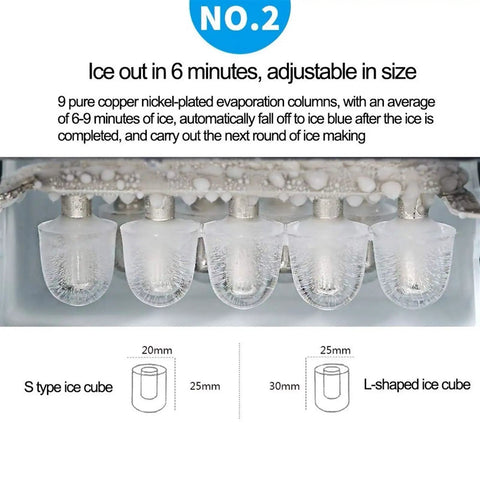 Fast Acting Countertop Ice Maker With Quick Six Minute Ice Cube Production And Thirty Three Pounds Daily Yield showing 9 copper nickel-plated evaporation columns.