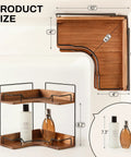 Super Sleek 2 Tier Wooden Corner Shelf For Bathroom Counter And Vanity showing dimensions, perfect for small space storage.