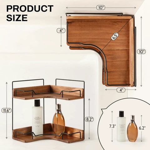 Super Sleek 2 Tier Wooden Corner Shelf For Bathroom Counter And Vanity showing dimensions, perfect for small space storage.