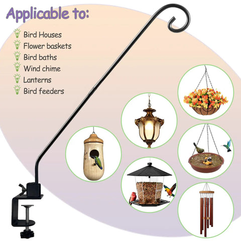 Rock Solid Heavy Duty Deck Rail Hook With 32 Inch Pole Hangs Planters Bird Feeders Lanterns And Wind Chimes Up To 15 Lbs with various items.