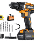 20V Cordless Drill Set With 300 Inch Pound Torque, 0 To 450 And 0 To 1650 RPM, Three Eighths Inch Keyless Chuck, accessories displayed