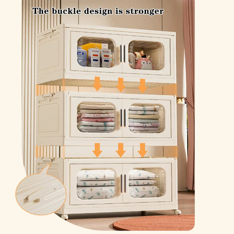 Heavy Duty Plastic Storage Bins With Secure Lids And Smooth Gliding Wheels Foldable Stackable Boxes, showcasing four stackable bins with transparent lids and neatly organized towels.