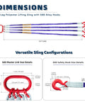 Beefed Up Heavy Duty 10Ft Polyester Lifting Sling With G80 Hooks And Rings, 4 Ton Capacity, dimensions and hook configurations.