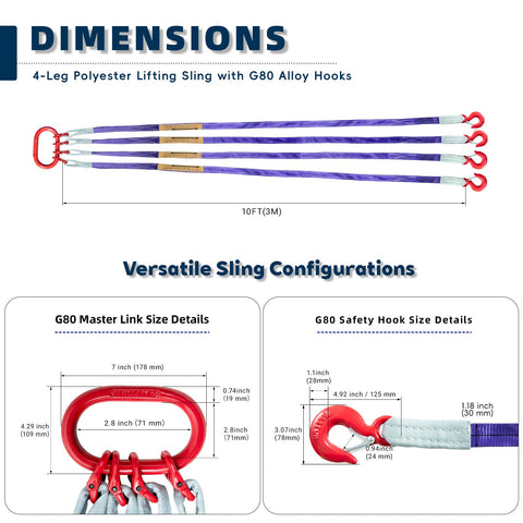 Beefed Up Heavy Duty 10Ft Polyester Lifting Sling With G80 Hooks And Rings, 4 Ton Capacity, dimensions and hook configurations.