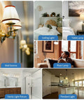 Collage of various lighting fixtures including wall sconce, ceiling light, table lamp, floor lamp, vanity light, and pendant light.