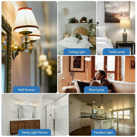 Collage of various lighting fixtures including wall sconce, ceiling light, table lamp, floor lamp, vanity light, and pendant light.