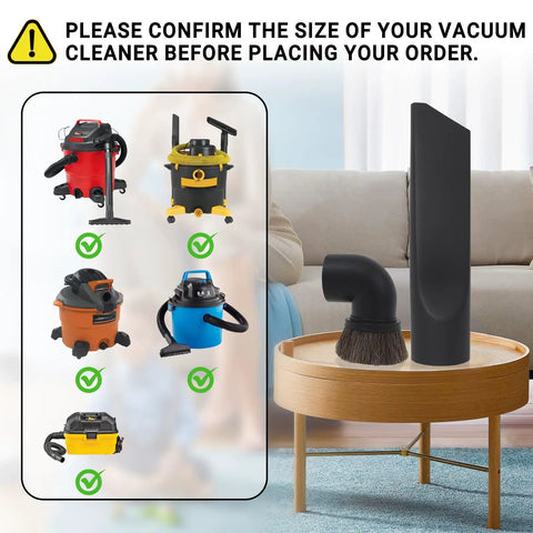 Two And A Half Inch Dusting Brush Tool Attachment Set For Shop Vacuums on table, crevice tool upright, fits various vacuums