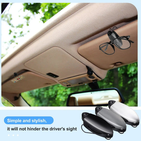 5-Piece Car Sun Visor Clip Holder Set For Glasses And Eyewear, mounted on visor with glasses, black gray silver clips shown