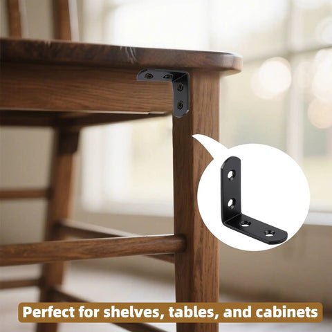2 Inch L Brackets Pack Of 10, 90 Degree Black Corner Braces for Wood Furniture and Shelves, installed on wooden chair
