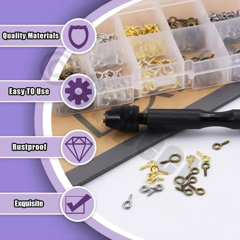 Slick 492 Piece Pin Vise Hand Drill Kit With Fine Twist Bits And Assorted Eye Screws on a table, showcasing drill and screw eyes.