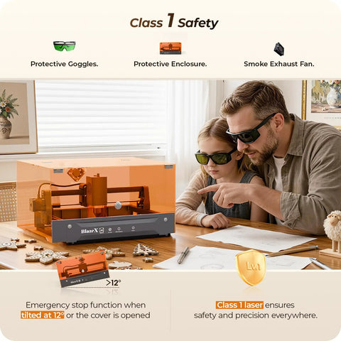 Man and child with 5W Desktop Laser Engraver For Beginners With Ultra Precision 0.01mm Dope Cutter, in protective enclosure, on desk.