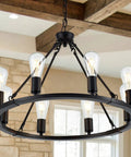 Black Farmhouse Wagon Wheel Chandelier With 8-Light 23.6 Inch Vintage Industrial Round Pendant Ceiling Light Fixture For Kitchen Island Dining Room Living Room Bedroom Hallway Entryway Foyer With Adjustable Chain