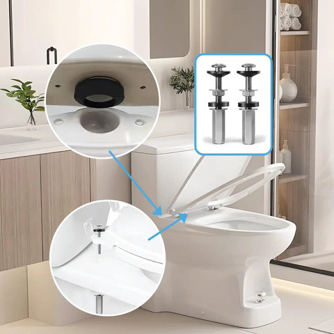 Heavy Duty Toilet Seat Bolts Kit 2Pcs Universal Fit Stainless Steel 304 With Extra Long Downlock Nuts Rubber Washers And Gaskets Replacement Screws For Toilet Seats And Tanks By CHIALLCO shown installed on toilet.