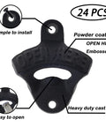 Close-up of a solid black cast iron wall mounted beer bottle cap opener, part of the 24 Pack Solid Black Cast Iron Wall Mounted Beer Bottle Cap Openers Featuring Screw In Assembly Including Complete Hardware For Home Bar Pub Garage And Weekend Tailgates.