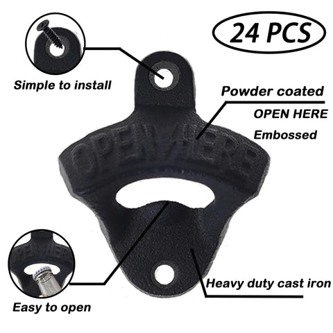 Close-up of a solid black cast iron wall mounted beer bottle cap opener, part of the 24 Pack Solid Black Cast Iron Wall Mounted Beer Bottle Cap Openers Featuring Screw In Assembly Including Complete Hardware For Home Bar Pub Garage And Weekend Tailgates.