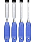 Kickass Four Piece Wood Chisel Set Built From Heavy Duty Chrome Vanadium Steel for precise cutting, featuring blue rubber grips.