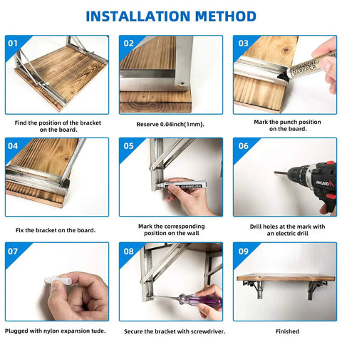 Step-by-step installation for Built Tough Space Saving Folding Shelf Brackets 16 Inch Stainless Steel Collapsible Hinges Wall Mounted