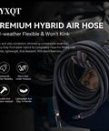 Built Tough Kink Free Air Hose 1/4 Inch By 50 Feet 300 Psi lightweight hybrid blend held by user, showing flexibility and swivel connectors.