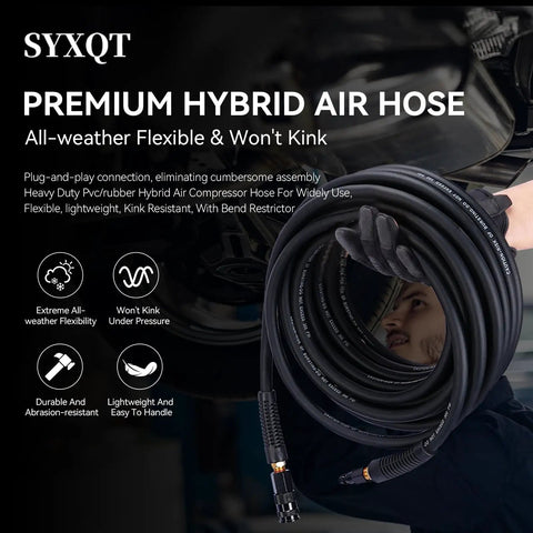 Built Tough Kink Free Air Hose 1/4 Inch By 50 Feet 300 Psi lightweight hybrid blend held by user, showing flexibility and swivel connectors.