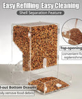 No Fuss Automatic Parrot Food Dispenser Extra Large High Quality Acrylic Bird Feeder showing top-opening lid and pull-out drawer.