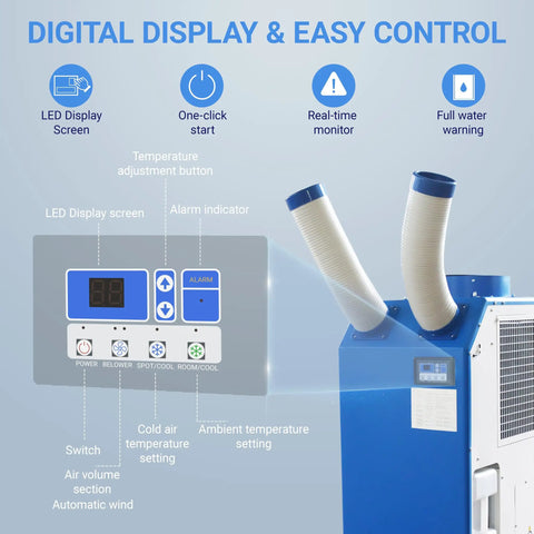 Heavy Duty Portable Air Conditioner 18700 BTU Rock Solid Spot Cooler control panel with LED display and adjustable settings.