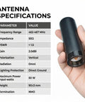 Low Profile GMRS NMO Antenna For UHF 462 467 MHz, Three Point Five Inch Ghost Antenna held in hand with specifications list.