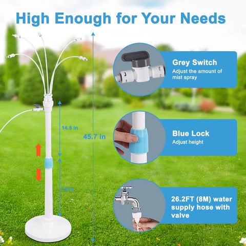 Standing Outdoor Misting System with adjustable height, five nozzles, 26.2 ft hose on lawn for patio and backyard cooling.