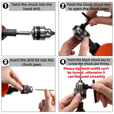 Step-by-step use of One Quarter Inch Capacity Manual Hand Drill Kit With Ten Drill Bits, including inserting drill bit into precision chuck.