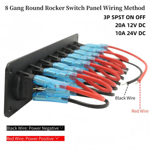 8 Gang Round Rocker Switch Panel With LED Indicator For 12V To 24V DC Aluminum Waterproof Panel Box showing wiring method
