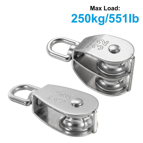 M30 Pulley Block Two Pack With One Single And One Double Pulley 304 Stainless Steel Heavy Duty Beefy Lift System For Wire Rope 551 Lbs Load Capacity Indoor Outdoor Use Swivel Hook Compatible, 250kg load