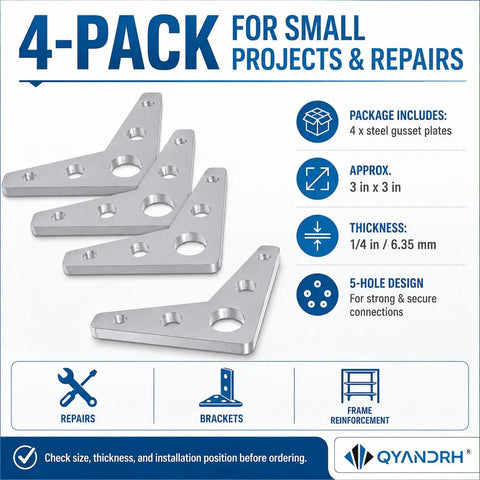Rock Solid Steel Weld On Gusset Plates 4 Pack Of 3 Inch By 3 Inch Quarter Inch Thick Triangle Brackets on white background.