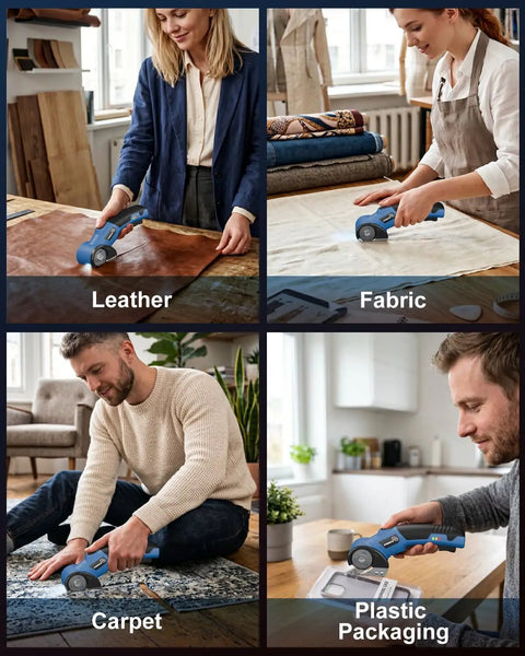 Strebilo Cordless Electric Scissors And Box Cutter For Cardboard cutting leather, fabric, carpet, and plastic packaging.